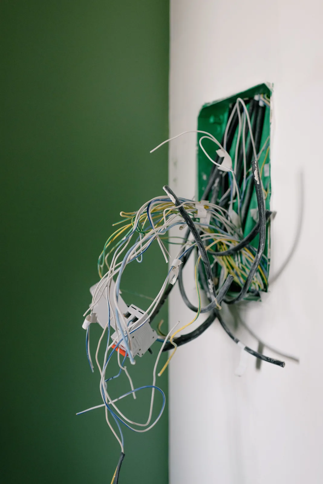 Old wiring spilling out of a junction box, for electrician in Cincinnati