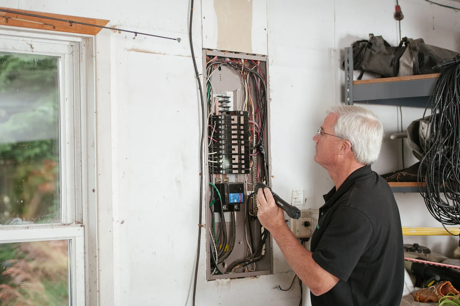 An electrician checking an open residential panel by torchlight, for licensed electrician in Cincinnati